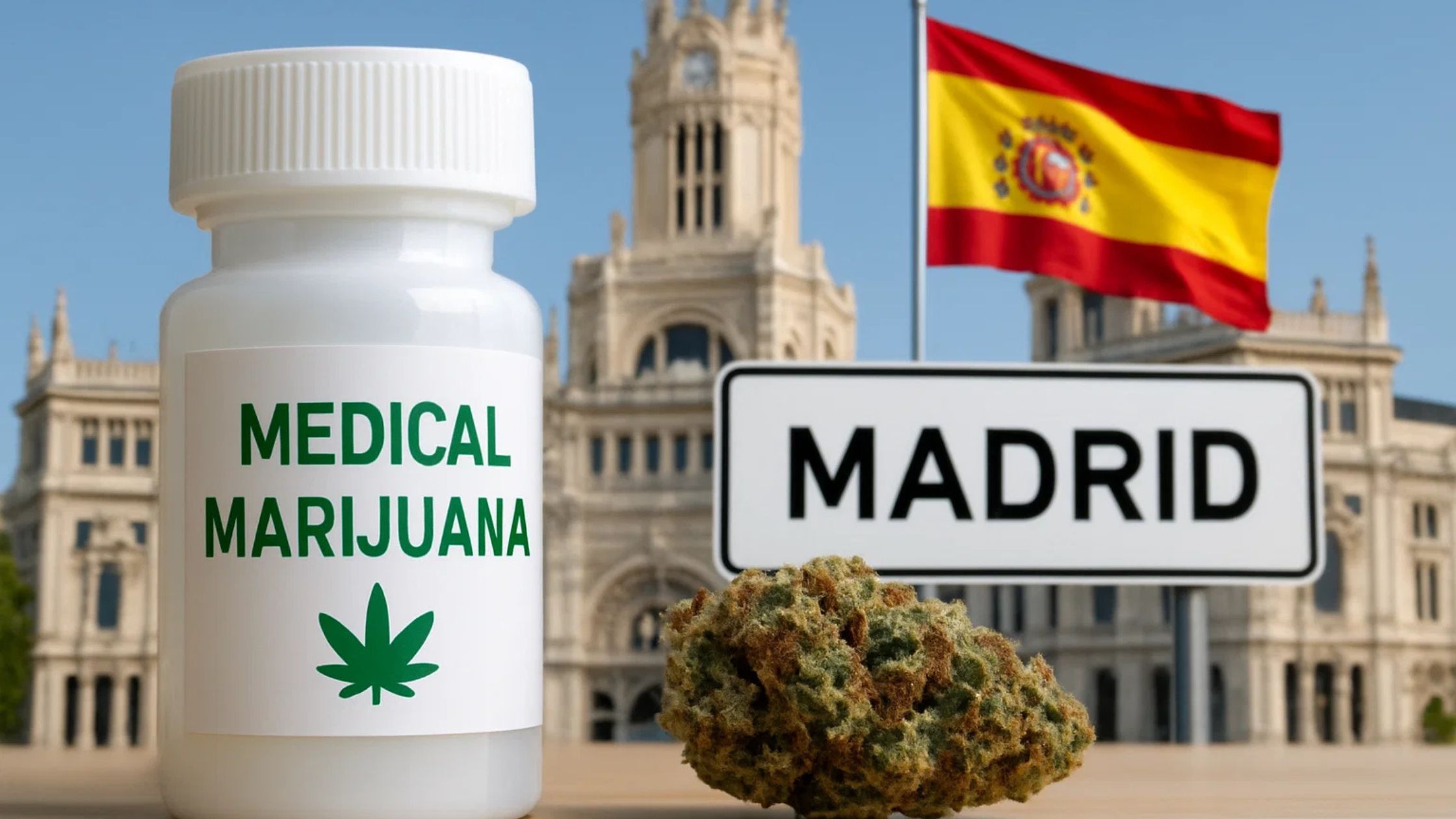 Medical marijuana bottle outside capital of Spain